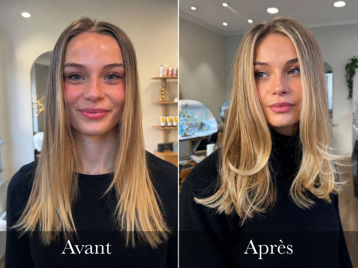 Avant / Après — blond éclatant avec gloss et brushing souple