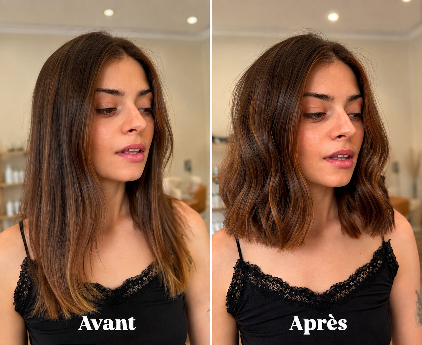 Avant / Après — coupe carré wavy avec balayage caramel