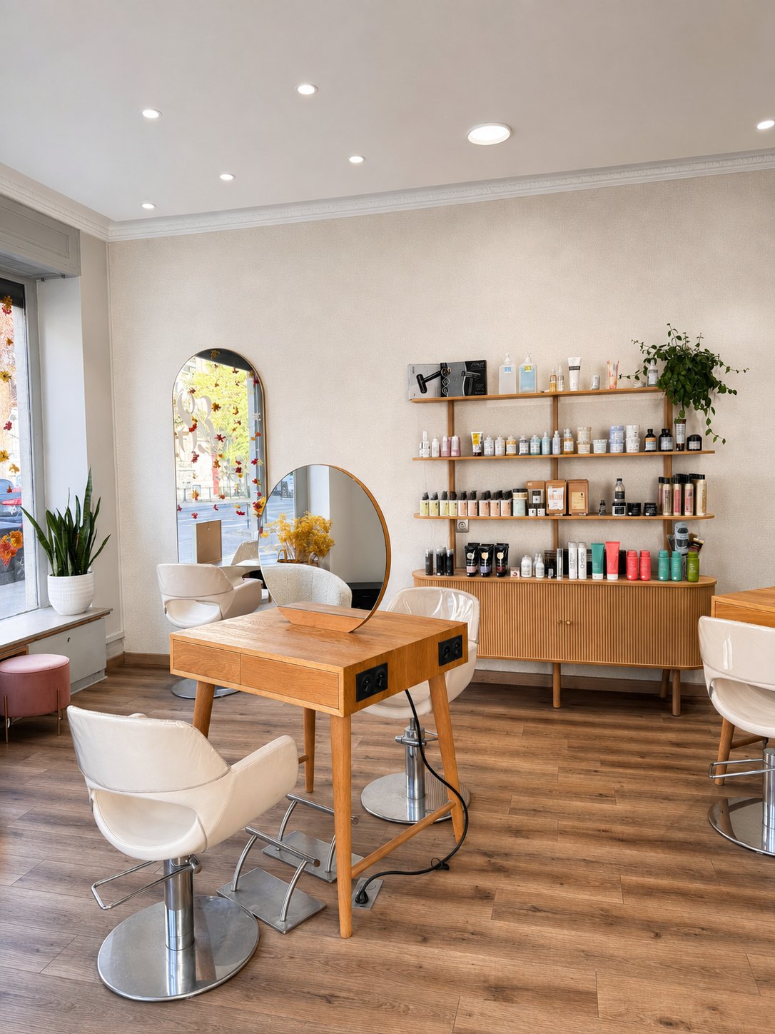 Postes de coiffage, miroirs arrondis et étagère de produits professionnels du salon Le 83 à Nancy