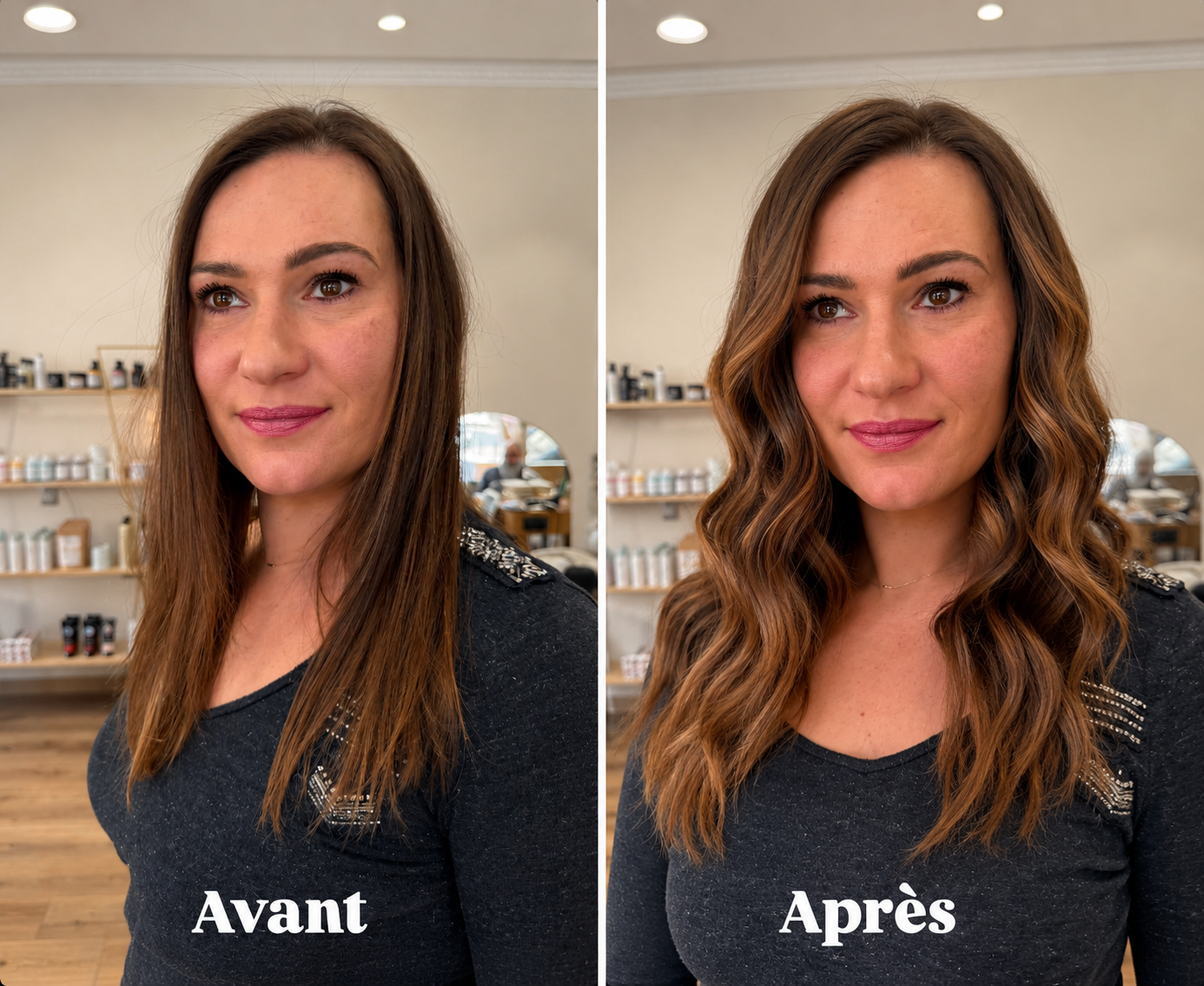 Avant / Après — brushing wavy et volume sur cheveux bruns