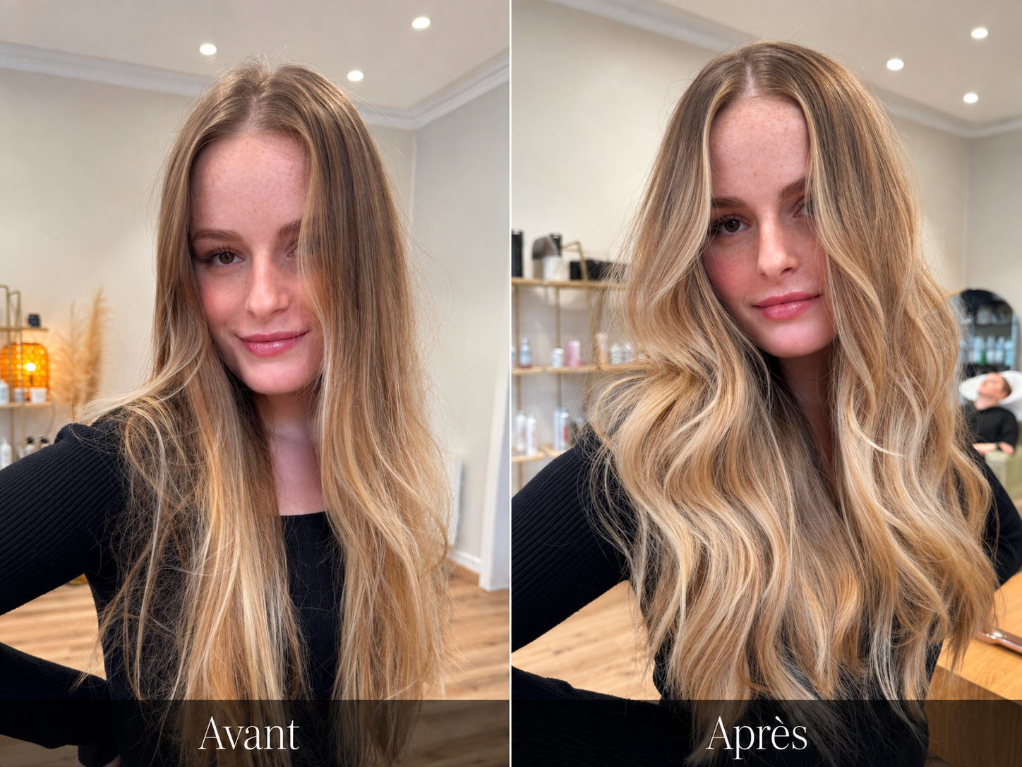Avant / Après — balayage blond lumineux et ondulations sur cheveux longs