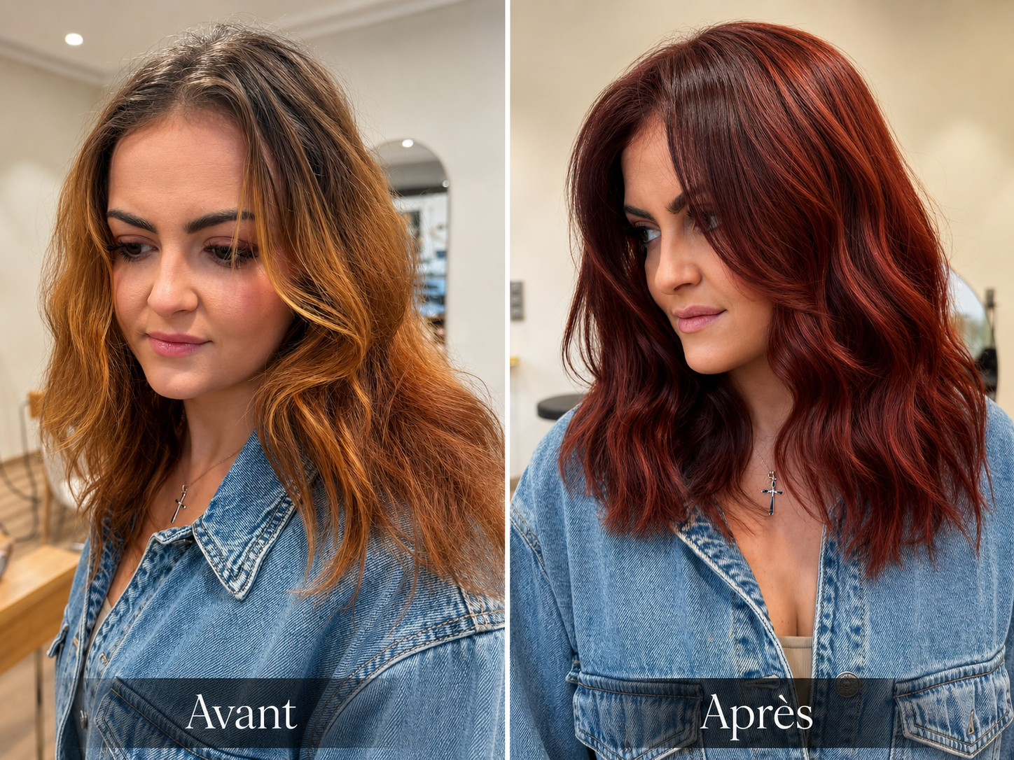 Avant / Après — transformation cuivré intense sur coupe mi-longue