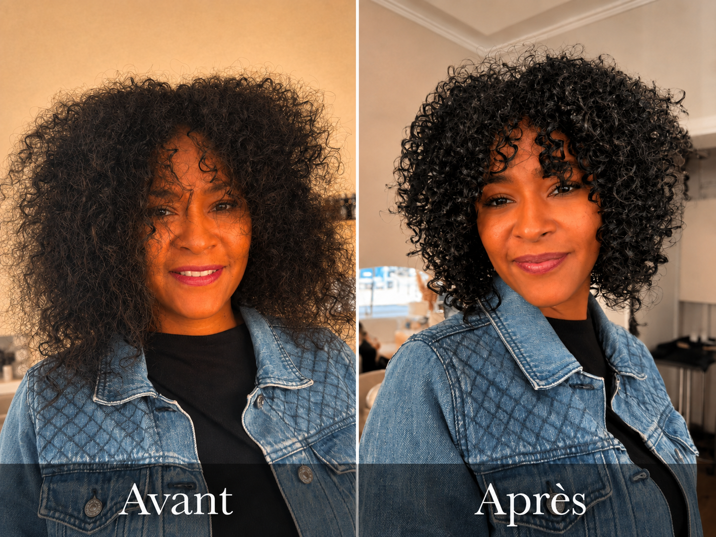 Avant / Après — redefinition de boucles, coupe et coiffage sur cheveux bouclés