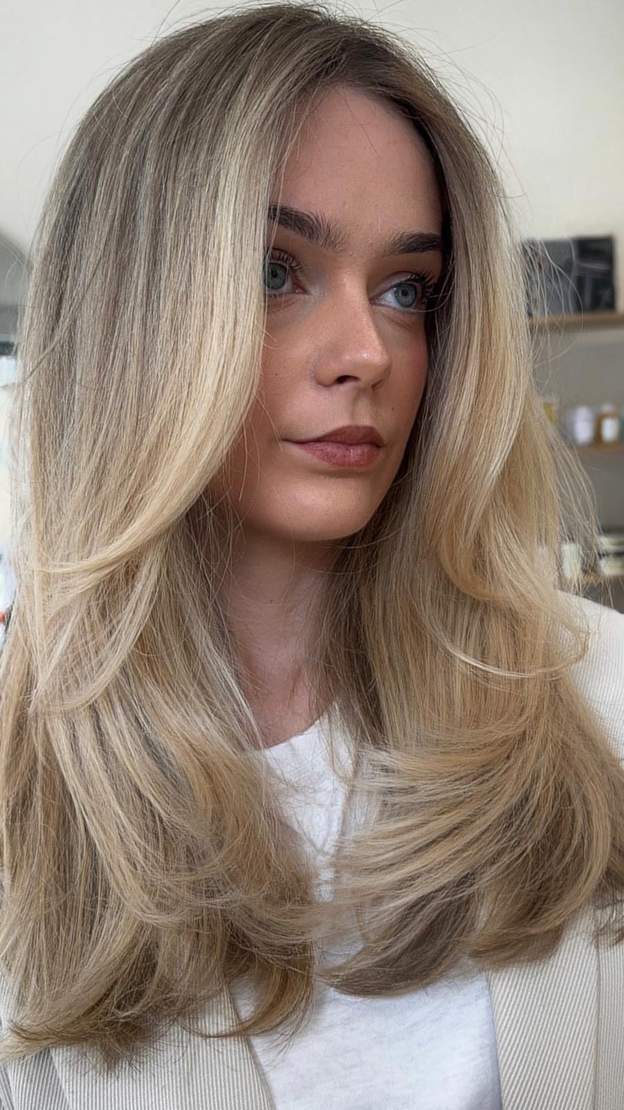 Balayage blond sable sur brushing mi-long